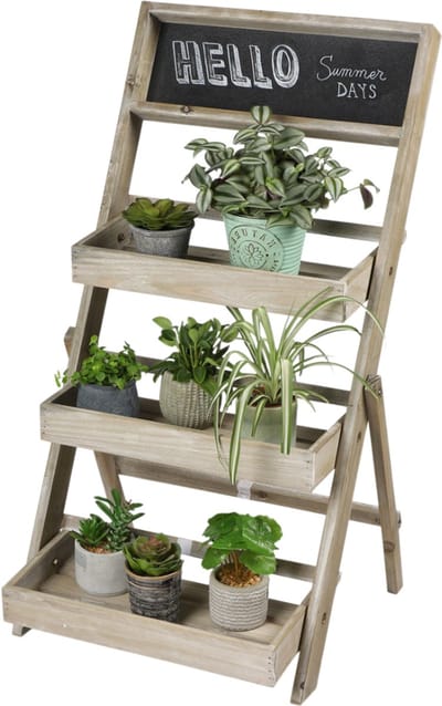 HIXA Plantenrek - Plantentafeltje - voor Binnen en Buiten - 3 laags - Krijtbord - Plantentrap - 78cm - Hout