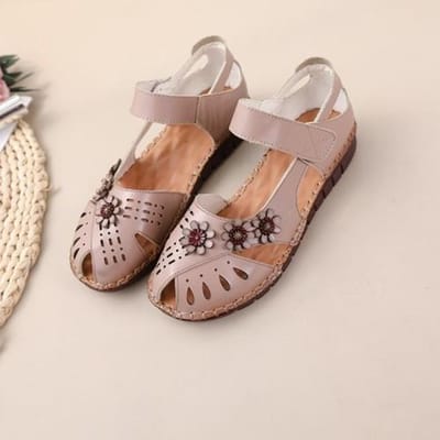 Sandalen Dames Leer Moederschoenen Rundspeeszool Lente en Zomer Stijl Vismond Bloem Holle Klittenband Antislip Zachte Zool Comfortabel 41 gray