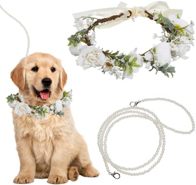 Dailygoods- Hondenhalsband met bloemenpatroon - Hondenriem - Bruiloftshalsband - Hondenaccessoires - Set met kralen - Elegante uitstraling - Hondenaccessoire