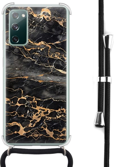 Casimoda® hoesje met koord - Geschikt voor Samsung S20 FE - Marmer Grijs Brons - Afneembaar koord - Siliconen/TPU - Zwart