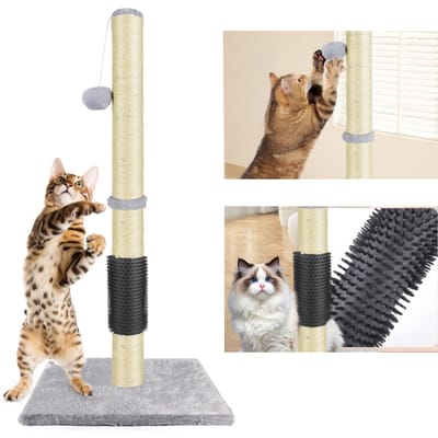 80 cm multifunctionele sisal krabpaal voor katten, ingebouwde massageborstel en hangende speelbal, stabiele 40x40 cm pluche basis, beschermt meubels tegen krassen voor huisdieren