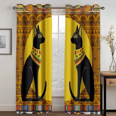 Luxe Zwart Goud Egyptische Goden Indiaas Oud Kinder Raamgordijnen voor Woonkamer Slaapkamer Keuken Deur Huisdecoratie 2 Stuks W60H60(CM)x2PCS&Grommet Top yellow