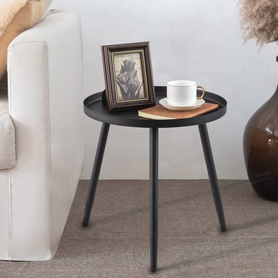 Bijzettafel Metaal - Sidetable Rond - Opbergen Decoratie - Waterproof Oppervlak - 43 cm Hoog - Mat Zwart