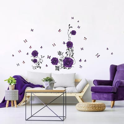 Allecta - Paarse Roos Muurstickers met Bloemen en Vines voor Slaapkamer en Woonkamer Decoratie met DIY Vinyl Mural Art