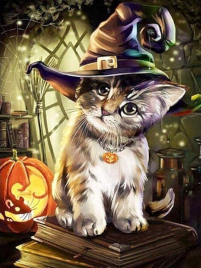 Diamond painting halloween heks kitten 30x40cm ronde steentjes