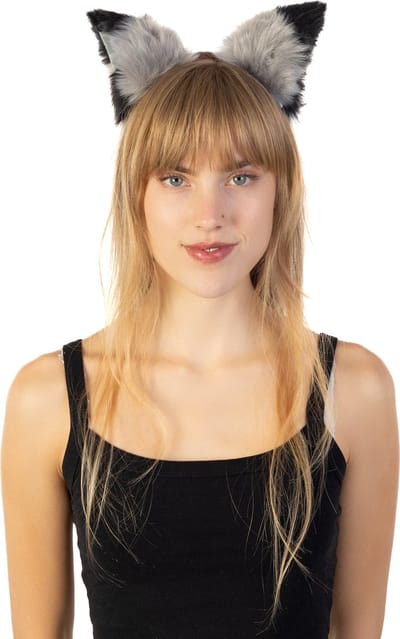 KIMU® Haarband Grote Furry Oortjes Grijs Zwart - Beer Vos Diadeem Dons Dieren - Evenement Dierenoren Oor Oren Vilt Lynx Hond Wolf Haren Festival