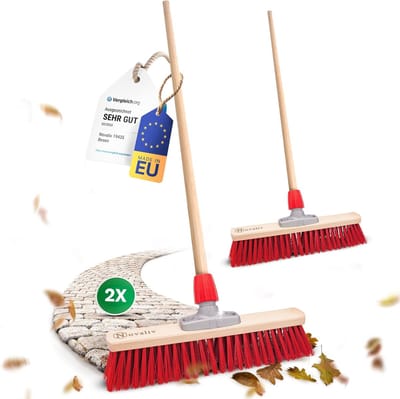 2x straatbezem met steel 40 cm I hout I rood elastaan I grove industriële bezem veegbezem straatbezem brede tuinbezem buitenbezem buitenruimte