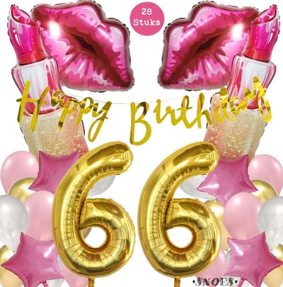 Snoes Mega Beauty Helium Ballonnen Set 66 Jaar - Roze Helium Folieballonnen - Slinger Happy Birthday Goud