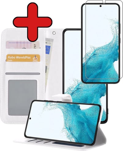 Hoesje - Met Screenprotector - Geschikt voor Samsung Galaxy S22 Plus - Luxe Pasjeshouder - Flipcase - Bookcase Portemonee - Flip Case - Kunstleer Book Case - Book Cover - Walletcase - Portemonneehoes - Telefoonhoes - Wit