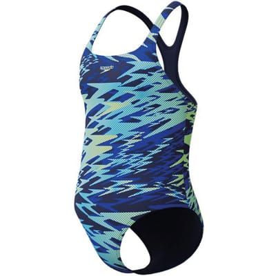 Speedo Hyperboom Print Medalist Meisjes Sportbadpak - Kleurvast Badpak Meisjes - Chloorbestendig Zwempak Meisjes - Sportbadpak Meisjes met Medalist-bandjes - Marine/Groen - 164