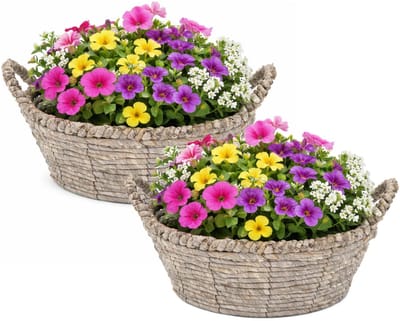 Mega Collections bloemen/plantenmand Sneek - 2x - grijs - riet - D33 x H15 cm - bloempot/plantenpot