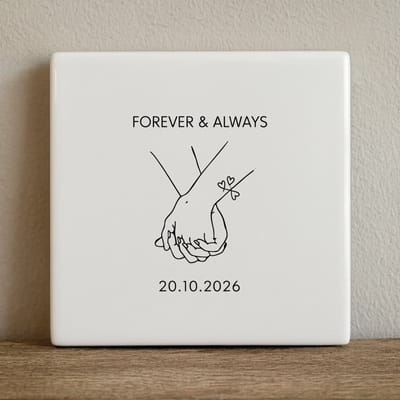 Forever & Always Koppel Keramische Tegel 15x15 cm – Minimalistische Liefde Handillustratie met Datum Wanddecoratie