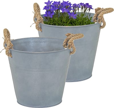 Mega Collections Emmer/plantenpot/bloempot Old Rope - 2x - zink - zilver - D25 X H22 cm
