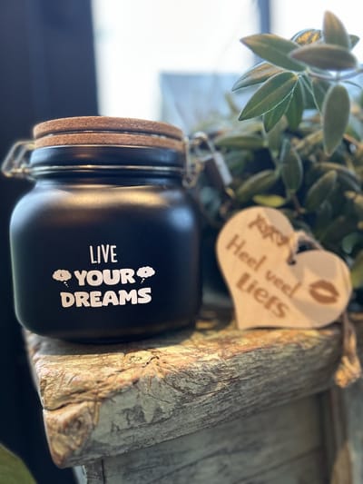 Creaties van Hier - Luxe Spaarpot met houten hartje - Live your Dreams - Glas