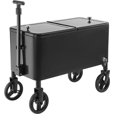 Chariot Glacière à roulettes 75,71 L, avec poignée télescopique à 2 niveaux et 2 roulettes pivotantes, Table portable Plage Patio Fête Bar Boissons froides Boissons,