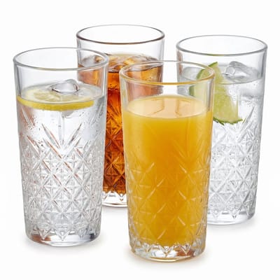 Cheqo® Longdrinkglazen Set van 4 - Drinkglazen - Waterglazen - Cocktailglazen - Highball Glazen - Sapglazen - Frisdrankglazen - Geribbelde Glazen met Reliëf voor Water, Sap en Cocktails - Transparant Drinkglas - Gin-Tonic Glazen