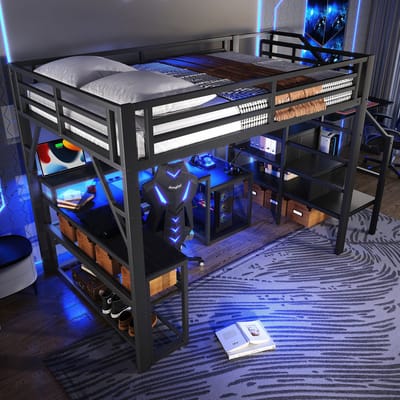 Hoogslaper 140 x 200 cm - met opbergvakken en bergruimte - met LED-verlichting - bureau - met USB-aansluiting - zonder matras - zwart