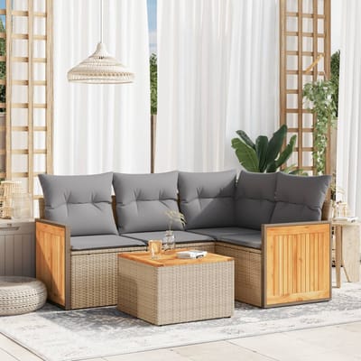 vidaXL - 5-delige - Loungeset - met - kussens - poly - rattan - beige