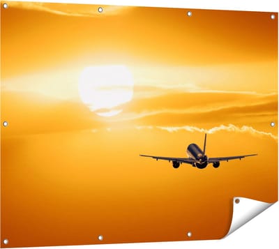 Gards Tuinposter Vliegtuig bij Zonsondergang - 120x90 cm - Tuindoek - Tuindecoratie - Wanddecoratie buiten - Tuinschilderij