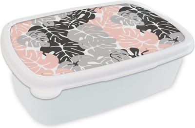 Broodtrommel Wit - Lunchbox - Brooddoos - Monstera - Pastel - Patronen - Bladeren - 18x12x6 cm - Volwassenen