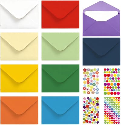 Kleurige Mini Enveloppen Set van 100 voor Cadeaukaarten, Bruiloften en Feestjes (7 x 10 cm) met Stickers