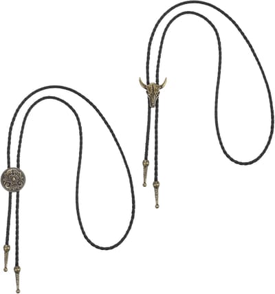 2 Stuks Bolo Tie van Leer - Handgemaakte Cowboy Ketting met Cow Skull in Zwart voor Cowboy Kostuum en Cowgirl Outfit