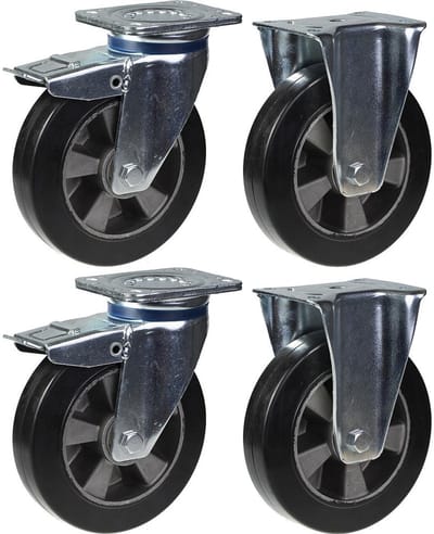 200 mm (8") zwenkwielen met rem, zwart rubber, vast, zeer stevig, draagvermogen 1800 kg, set van 4