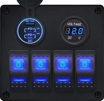ProRide Schakelpaneel 12V voor Auto/Boot - USB/USB C Lader 3 Poorten met Voltmeter - QC3.0 - 4 Schakelaars
