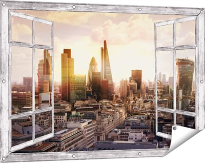 Gards Tuinposter Doorkijk Londen bij Zonsondergang in een Moderne Wijk - 120x80 cm - Tuindoek - Tuindecoratie - Wanddecoratie buiten - Tuinschilderij