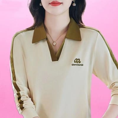 T-shirt met lange mouwen voor dames, modieus lente- en herfsttopje, basisshirt, slim fit poloshirt met revers voor moeders van middelbare leeftijd. 4XL