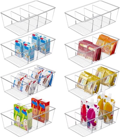 TOVBMUP 8 Stuks Opslagdozen Sets - Transparante Koelkast Organizer met Verwijderbare Schotten - 4 Vakken voor Snacks en Kruiden - Geschikt voor Keuken en Voorraadkast - Stapelbaar - Plastic - 26,4x1,5x9cm