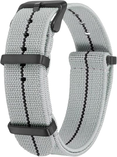 Elastisch nylon horlogebandje 20 mm, eendelig en waterdicht, vervangend bandje met zwarte gesp voor heren en dames in grijs en zwart