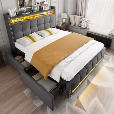 SINGULARITY-Gestoffeerd bed 160x200 cm- hoofdbord met planken en opbergruimte met 4 lades- tweepersoonsbed voor volwassenen- grijs- zonder matras
