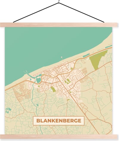 Posterhanger incl. Poster 40x40 cm - Schoolplaat - Blankenberge - Plattegrond - Vintage - Stadskaart - Kaart - Textielposter - Blanke latten - Stadskaart