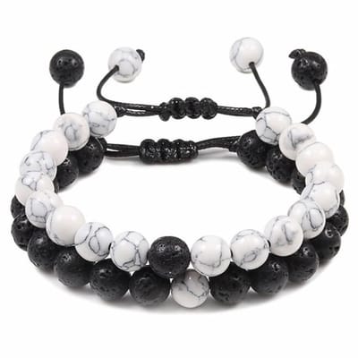 Fako Bijoux® - Dubbele Kralen Armband - 8mm - Natuursteen Armband Koord - Wit Marmer & Lavasteen