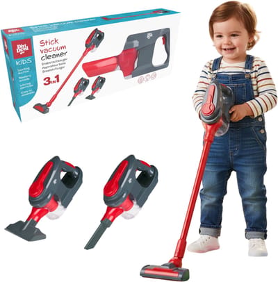 Dirt Devil Speelgoed Stofzuiger 3-in-1 - Steelstofzuiger en Handstofzuiger 2 Opzetstukken - Werkende Zuigfunctie en Realistische Geluiden - Voor Jongens en Meisjes vanaf 3 Jaar - Rood/ Grijs