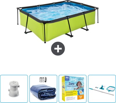 EXIT Rechthoekig Lime Frame Zwembad - 220 x 150 x 65 cm - Inclusief Pomp Solarzeil - Onderhoudspakket - Schoonmaakset - Nu extra voordelig
