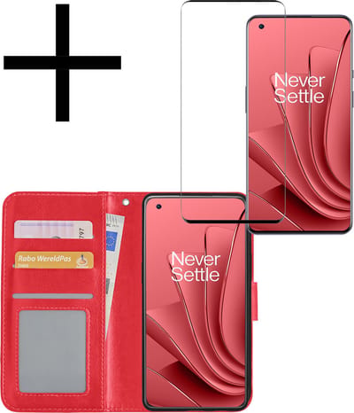 Hoesje - Met Screenprotector - Geschikt voor OnePlus 10 Pro - Luxe Pasjeshouder - Bookcase Portemonee - Flip Case - Kunstleer Book Case - Flipcase - Book Cover - Walletcase - Portemonneehoes - Rood