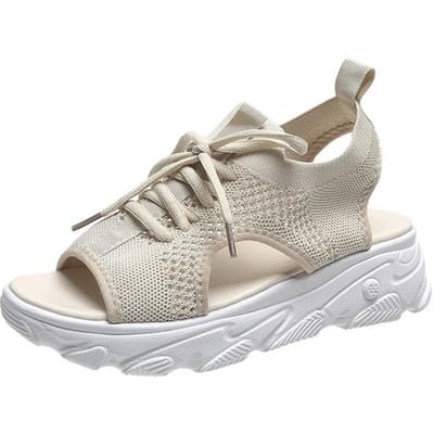 Zomer dames sandalen mesh casual schoenen witte dikke zolen veterschoenen sandalias open teen strandschoenen voor dames 36 beige