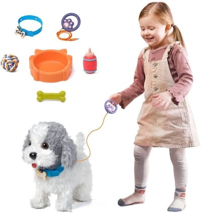 TEKROA® Interactieve Knuffelhond die Loopt en Blaft - Interactieve knuffels - Elektronische Puppy met Riem & Accessoires - Wandelende Speelgoedhond met Likfunctie & Geluid - wit