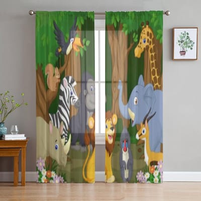 Wilde Dieren Cartoon Transparante Gordijnen voor Woonkamer Transparante Tule Raambekleding Slaapkamer Keuken Huisdecoratie Sluier Gordijnen 135W x 114H(cm) gray
