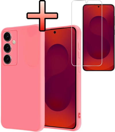 Hoesje - Met Screenprotector - Geschikt voor Samsung Galaxy S25 - Sterk & Shockproof - Back Cover - Siliconen Case - Telefoon Hoes - Licht Roze