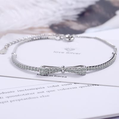 Bracelet à breloques en argent sterling 925 avec chaîne réglable et nœud papillon en cristal pour femme, bijoux de mariage élégants Sl067 gray