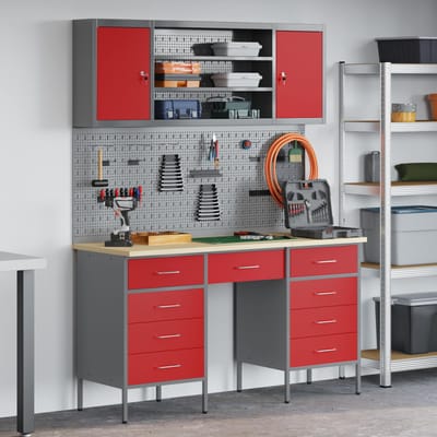 vidaXL - Werk - Cabinet - 7 - st - Rood - en - Grijs - Engineered - hout - en - staal