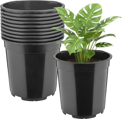 Garronda Set van 10 hoge ronde kunststof kweekpotten met drainagegaten (Zwart, Ø21 x 20 cm (5L)) GD-KW-RH
