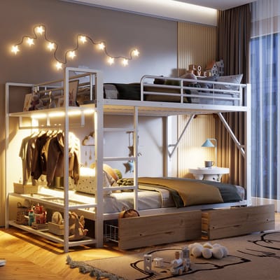 Stapelbed, 140 x 200 cm, Ijzeren Frame, 2 Lades, Meerdere Planken, met Led-lichtstrip, met Kledingstang, Matras niet Inbegrepen, Wit