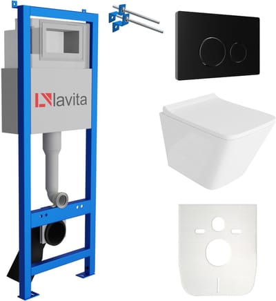 LAVITA® Inbouwreservoir Complete Toiletset LAV 101 - Inbouw WC Hangtoilet Wandcloset LAGO Wit Hoogglans - Bedieningsplaat 200.4.4 Zwart - Voorwandelement voor toilet 40cm - Installatiesysteem