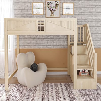 VVBV Ruimtebesparende Hoogslaper 90x200 cm - Planken, Veiligheidstrap, Huisdesign - Massief Hout Naturel