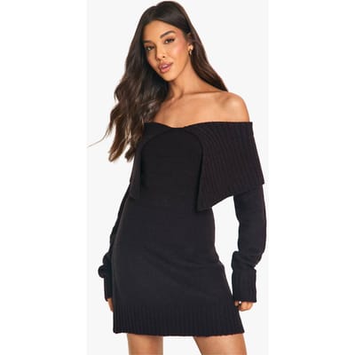 boohoo Dames Zachte gebreide oversized kraag off-shoulder trui jurk | Zwart | Maat: Small