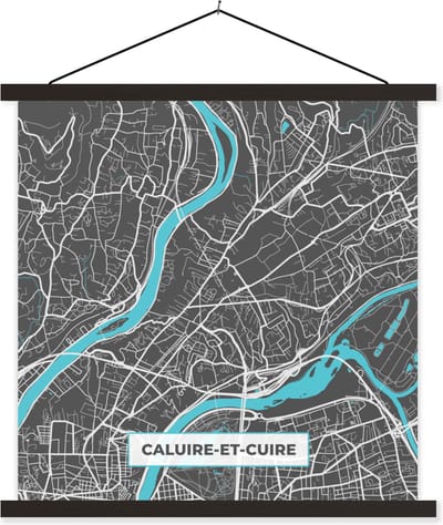 Posterhanger incl. Poster 60x60 cm - Schoolplaat - Plattegrond - Caluire-et-Cuire - Frankrijk - Stadskaart - Kaart - Textielposter - Zwarte latten - Stadskaart